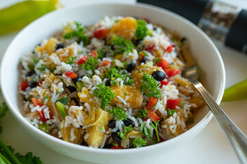 Vegan summer salad with black beans, rice, oranges and vegetables in a bowl