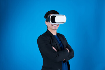 Profile of businessman arm crossing with wearing VR device looking to connect metaverse isolated...