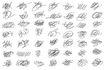 Fototapeta premium Set of hand drawn abstract vector symbols. Mascara, pencil, brush strokes. Spot, cross, arrow, chaotic decorative sketches of leaves. Vector illustration. 