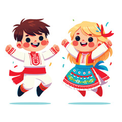 Cartoon of Croatian boy and girl jumping happily