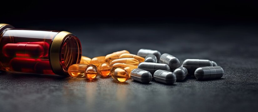 Bodybuilding supplements AAKG and Creatine capsules displayed on a dark stone background Ample copy space for text or images