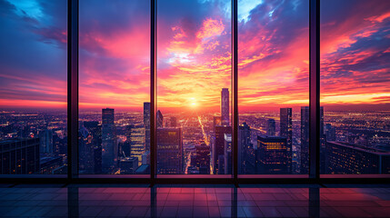 Fototapeta premium A close-up shot of the silhouette of a city skyline at sunset, with the outlines of buildings and structures standing out against the fading light of the evening sky, while the vib