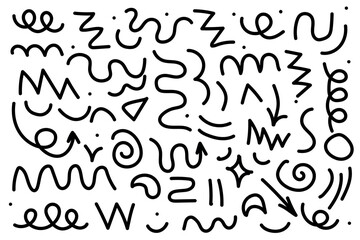 Do-it-yourself strokes with marker and pencil. Marker lines, pencil stripes, highlighting elements, illustrations of permanent markers in the form of checkmarks, arrows in different directions