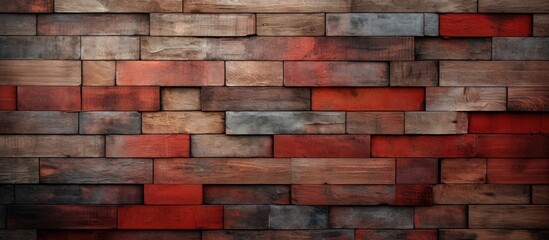 Abstract brick wall background with copy space image on a construction site featuring various wood squares and red bricks creating a textured and visually appealing design