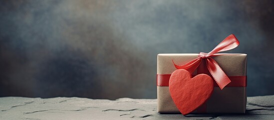 A beautiful gift box with a red heart and paper card on a retro background featuring a rock Perfect for a sentimental occasion or celebration Copy space image