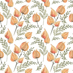 Watercolor physalis seamless pattern, watercolor illustration, background. handmade watercolor for wrapping paper, wallpaper, fabric, scrapbooking, autumn decoration, orange, green, dried flowers