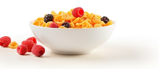 A bowl of corn flakes topped with berries is placed on a white background leaving empty space for any other image. Copyspace image