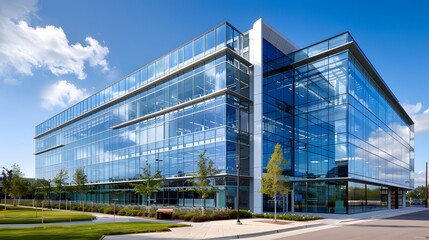 Fototapeta premium A glass building with high-performance glazing, showcasing energy efficiency and modern architecture in commercial office buildings. 