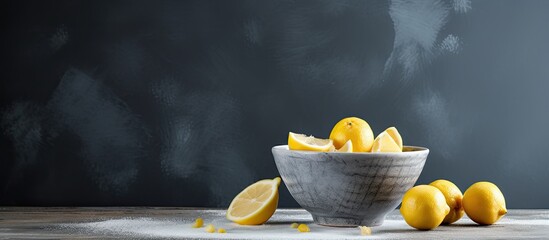 There is a bowl with pieces of peel fresh lemons and a zester on a grey table leaving room for text in the image. Copyspace image - Powered by Adobe