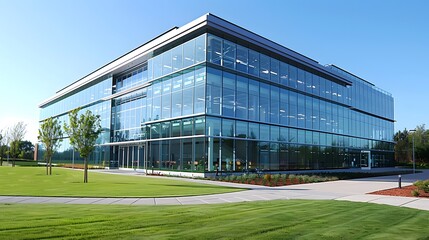 Obraz premium A glass building with high-performance glazing, showcasing energy efficiency and modern architecture in commercial office buildings. 