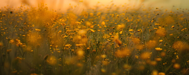 Golden hour in blooming wildflower meadow