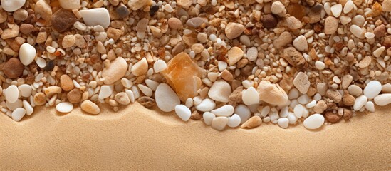 Close up macrophotography of small particles with varying shades of beige and brown The image showcases the naturally textured surface resembling a sand texture A perfect copy space image