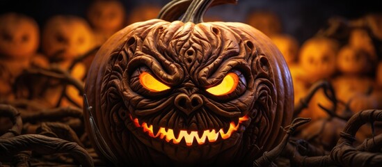 A close up image of a Halloween pumpkin specifically a Jack O Lantern with intricate carvings The photo captures the details and design. Copyspace image