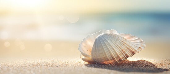 Close up copy space image of a sunlit seashell resting on the sandy beach
