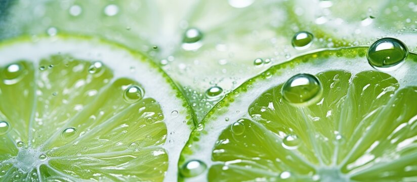 A close up of a lemon lime in a glass of lemonade or gin tonic with a side view It can be used as a summer beverage wallpaper or background with a macro concept of the lemon gin tonic to showcase its