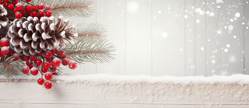 Close up copy space image of a snowy Christmas fir branch adorned with berries and cones set against a light wooden background