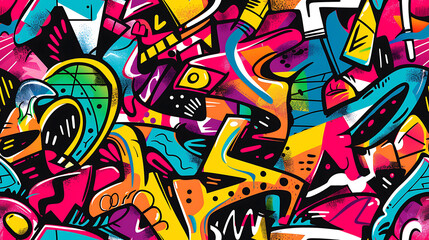Fototapeta premium graffiti on wall - Cartoon style, multi color, colorful - Bold and vibrant graffiti doodles with expressive lines and vibrant colors - Seamless tile. Endless and repeat print.