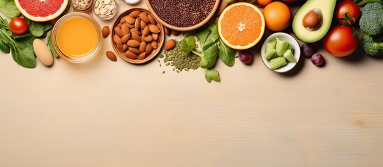 Healthy food concept showcased in a visually appealing flat lay image with plenty of copy space High protein foods take center stage