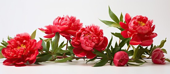 A red peony bouquet on a white background creating a spring summer concept with copyspace