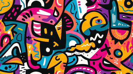 Obraz premium graffiti on wall - Cartoon style, multi color, colorful - Bold and vibrant graffiti doodles with expressive lines and vibrant colors - Seamless tile. Endless and repeat print.