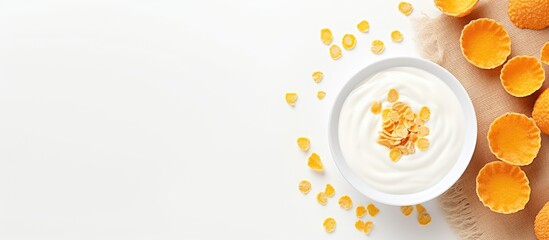A fresh and healthy breakfast design concept is depicted in a flat lay overhead layout that shows a top view of a bowl of corn flakes with milk and orange on a white background providing ample copy s - Powered by Adobe