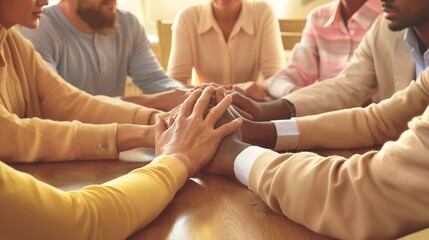 Diverse group of people joining hands in a circle during a teamwork workshop in a warm, softly lit room