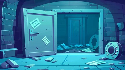 Modern illustration of robbery from bank vault safe. Illustration shows empty room, open door, some money, and digging hole.