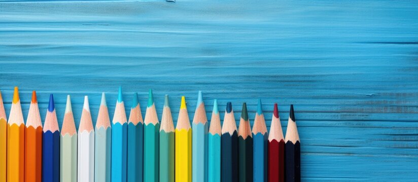 A copy space image featuring a variety of vibrant pencils placed on a background of blue wooden surface