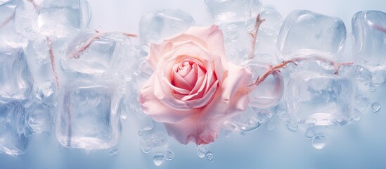 Flat lay concept for a spring card featuring a background of a rose flower frozen within an ice cube accompanied by mesmerizing air bubbles perfect for a copy space image