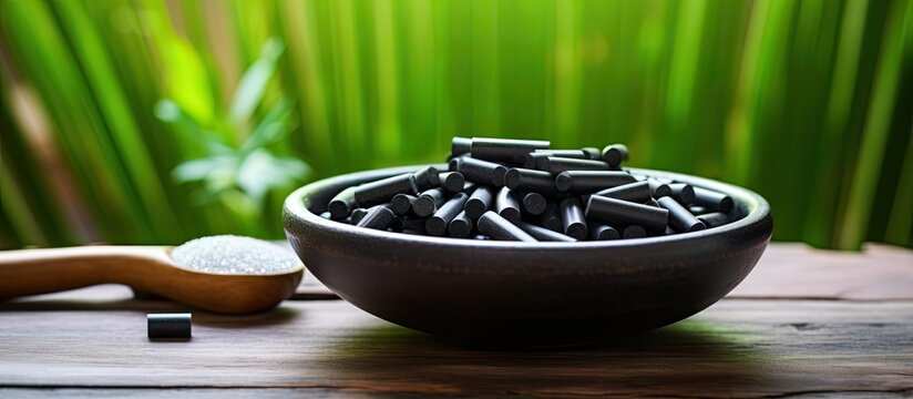 Copy space image of composition with bowls filled with activated carbon powder pills and bamboo sticks placed on a vibrant wooden background