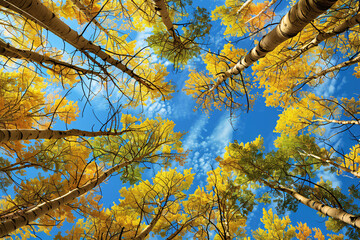 Fototapeta premium Looking up view of golden autumn trees against a blue sky