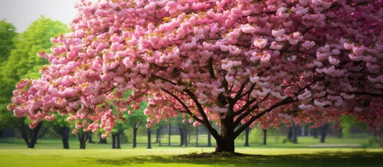 A cherry tree in full bloom adorned with vibrant green leaves providing ample copy space for an image