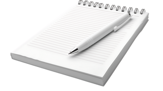 A notepad and a white pen isolated on transparent background