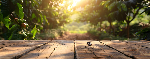 Rustic wooden table with sunlit orchard background