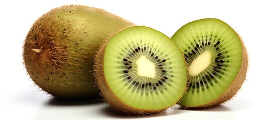 Fototapeta premium Highly detailed close up macro concept of a whole organic kiwi showcasing its freshness and juiciness The kiwi with its sweet and sour taste is packed with vitamin C and antioxidants The white isolat