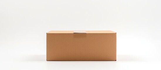 A cardboard box with the lid shut set apart on a white background Copy space image