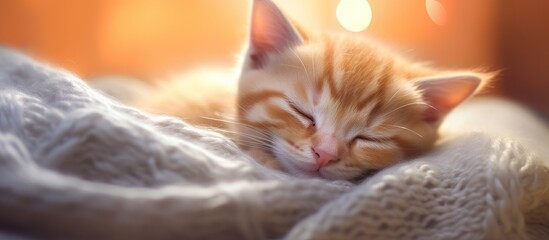 An adorable orange kitten is peacefully sleeping next to the word Dream A soft colorful blanket serves as a backdrop creating a cozy atmosphere This abandoned kitten has been fortunate enough to find