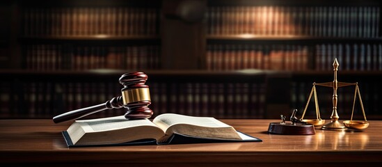 In a courtroom or law enforcement office there is an open law book placed on a table alongside a wooden judges gavel The scene is isolated on a white background with enough space for text