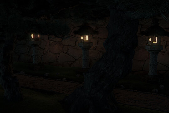 Japanese white pines with illuminated japanese stone lantern. 3D Rendering