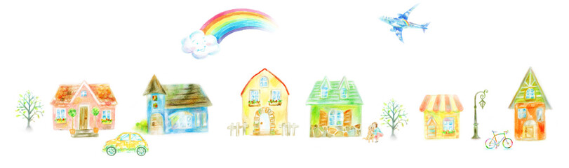 カラフルな住宅街　手描き