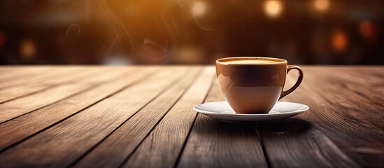 A cup of coffee placed on a wooden table with enough space around it in the image for any additional elements