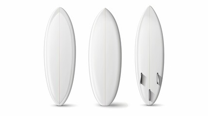Modern realistic mockup of a white surfboard with front, side, and back views. People surfing on sea waves on a white beach during summer. Leisure sport equipment isolated on white.