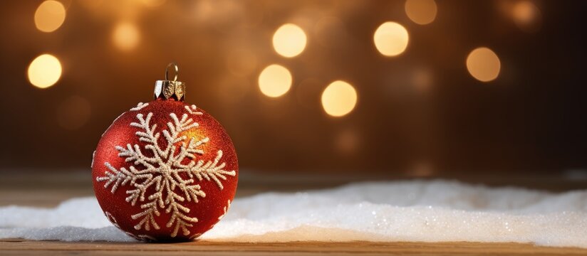 A festive Christmas ornament rests on a wooden background adorned with delicate snowflakes accompanied by a greeting card that wishes Merry Christmas and a Happy New Year The composition offers a bea