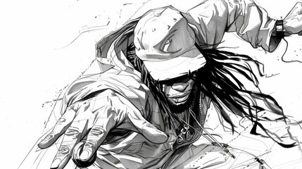 One rappers, rasta dj, graffer, bboy, old school hip hop, rap attack, comic color drawing, black strokes, white background, old school