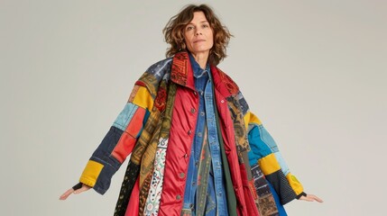 Confident Woman in Colorful Patchwork Coat Over Plain Background