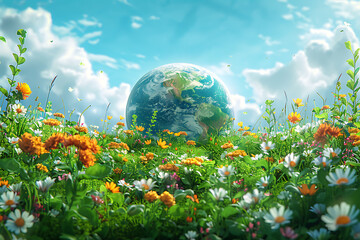 A vibrant blue and green eco Earth globe symbolizes environmental world protection, ecological conservation, and the urgent message of "Save the Planet" celebrated on Earth Day