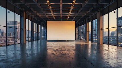 Fototapeta premium A large empty space with a blank white screen in the center, surrounded by windows overlooking city buildings. 