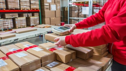 workers in the warehouse scanning parcels for retail and transport shipping