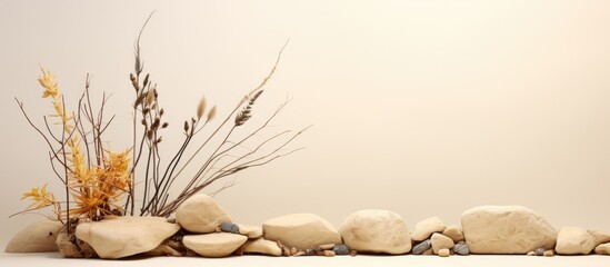 Beige background with stones and dry plants providing ample copy space in the image