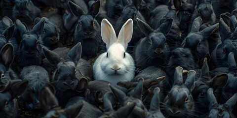 Solitary White Rabbit Amid a Sea of Black Rabbits Symbolizing Uniqueness and Leadership